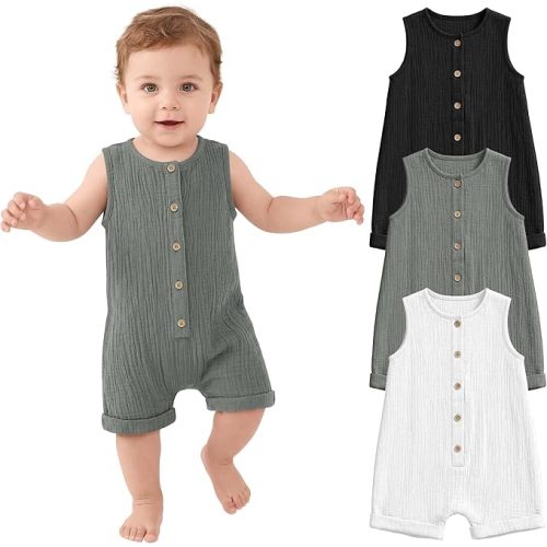 Halfchet 3 Pack Baby Boys Jumpsuit Cotton Newborn Romper Sleeveless Button Infant Playsuit Summer Outfit Clothes 0-24M