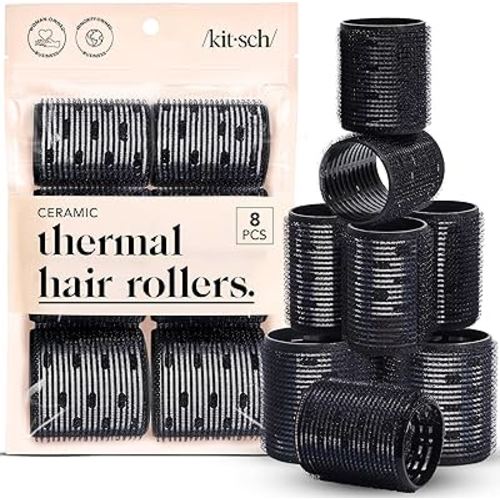 Kitsch Ceramic Thermal Hair Rollers for Women – Self Grip Hair Curlers for Heatless Curls Overnight - Volumizing Large Rollers for Short & Long Hair - For Long Lasting Frizz-Free Curls - Black, 8pcs