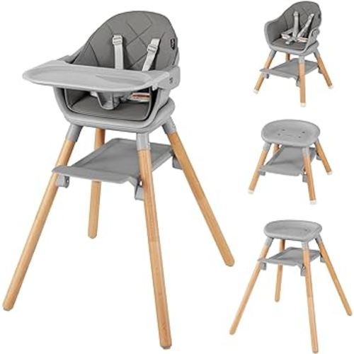 BABY JOY Baby High Chair, 6 in 1 Convertible Wooden Highchair for Babies & Toddlers with Adjustable Legs, Removable Double Tray, Safety Harness & Waterproof PU Cushion (Gray)