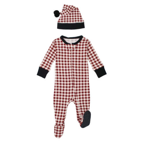 Crimson Plaid | Holiday 2-Way Zipper Footie & Cap Set Preemie-NB