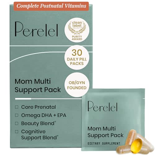 Perelel Mom Multi Support Pack, Postnatal Vitamins for Women with Omega 3 Dha, Iron, Collagen, & Vitamin B12 to Support Postpartum Health, Soy & Gluten Free, Non GMO, 30 Daily Pill Packs