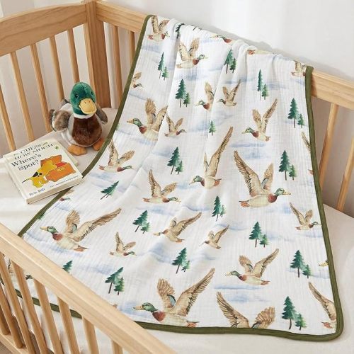 Breling Mallard Muslin Baby Blankets for Girls Boys, 100% Cotton Crib Blanket for Infant Toddler, 40 x 36 Inch Soft and Lightweight Nursery Swaddling Wrap