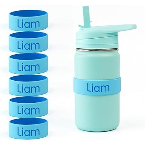 Mabel’s Labels Personalized Two-Tone Engraved Silicone Name Bands – Reusable Dishwasher-Safe Name Bands for Water Bottles, Sippy Cups & Drinkware (Blue & Light Blue, 6 Pack)