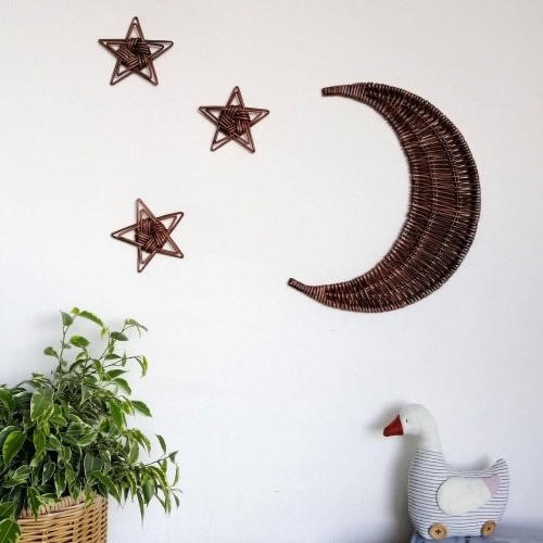 Crescent Set Moon and 5 stars Wicker Wall Decor, Kids Nursery Art