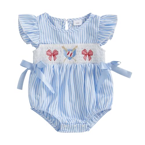 Licupiee Infant Girl Smocked Baseball Romper Newborn Baby Summer Clothes Embroidery Bow Fly Sleeve Bodysuit Tops
