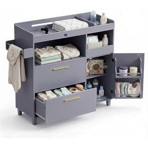 Karl home Nursery Dresser with Changing Table, Baby Diaper Changing Station Infant Nursing Table with 2 Drawers & Side Shelves, Dismountable Safety Rail & Strap for Bedroom, Nursery, Grey