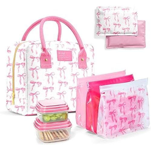 Fit & Fresh Bloomington Lunch Bag with 2 Containers + Cool Coolers Soft Ice Packs 2Pk + Reusable PEVA Storage Bags 3Pk, Leak-Resistant, BPA-Free, Durable, Easy to Clean, Pink Bows