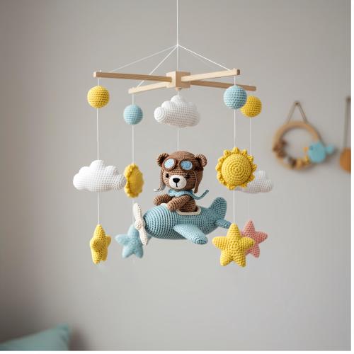 Custom Bear Baby Mobile, Crochet Baby Mobile, Custom Cute Bear On Airplane Nursery Decor, Crib Mobile, Baby Shower Gift, Newborn Gift