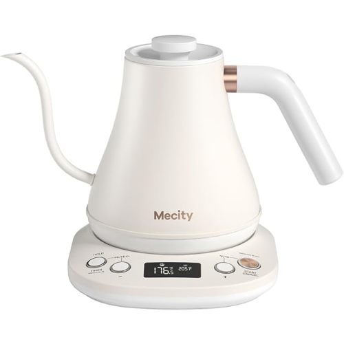 Mecity Electric Gooseneck Kettle With Keep Warm Function & LCD Display Automatic Shut Off Coffee Kettle Temperature Control Pour Over Kettle 1200 Watt, 0.8L, 120V, Off White