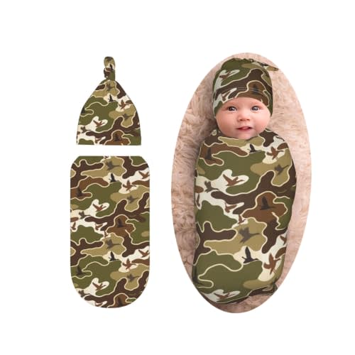 Camo Hunting Swaddle Blanket with Beanie Set, Soft and Stretchy Receiving Blanket for Shower Gifts Boy and Girl