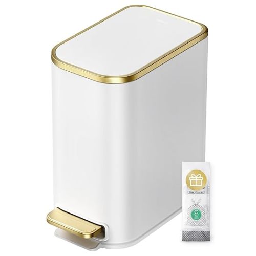 Cesun Small Bathroom Trash Can with Lid Soft Close, 5 Liter/1.3 Gallon Stainless Steel Garbage Can with Removable Inner Bucket, Step Pedal, Slim Waste Basket for Toilet, Office, Bedroom (White&Gold)