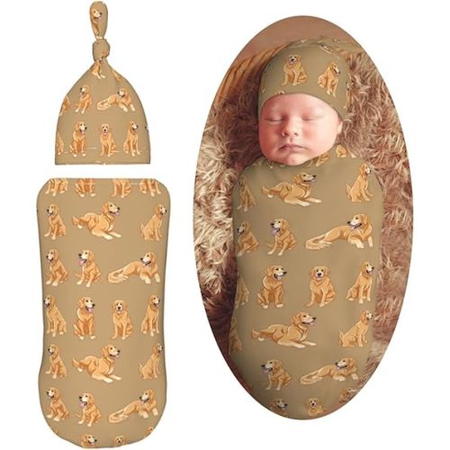 Funny Cute Golden Retriever Dog Newborn Swaddle Blankets Hat Sets Soft Baby Receiving Blanket Swaddle Sack for Baby Shower Infant Boy Girl Gift