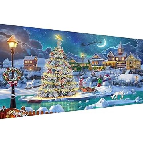 Christmas Night Diamond Painting, DIY 5D Diamond Painting Kits for Adults Full Drill, Christmas Tree with Moon Diamond Painting Well Decor 28x16 inch