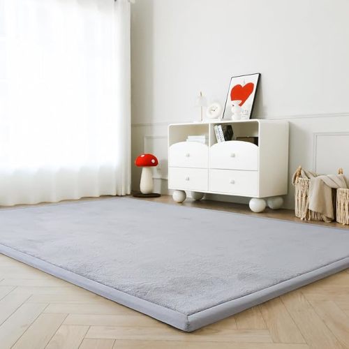 Loartee Faux Rabbit Fur Rug - 1.18" Thick Soft Fluffy Area Rug, Non-Slip Memory Foam Crawling Mat, Light Gray, 59"x78"