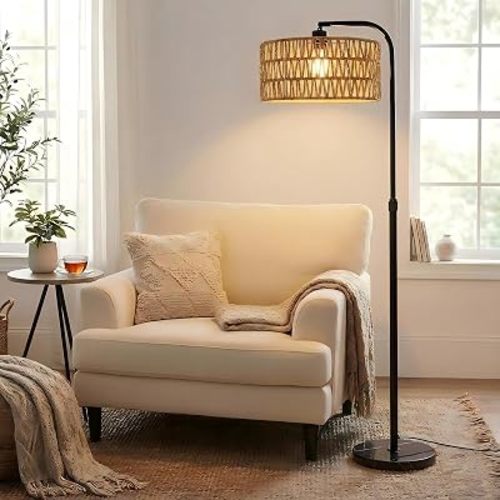 Arc Rattan Floor Lamp with Remote, Dimmable Black Boho Floor Lamp with Stepless Color Temperatures, Adjustable Height 142-178cm Tall Standing Lamp for Living Room Bedroom