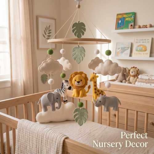 Safari Baby Mobile, Neutral Felt Animals, Elephant, Lion & Giraffe Nursery Decor, Gender Neutral Crib Hanging, Neutral Nursery Mobile