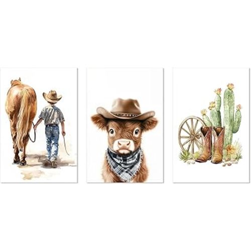 PLIDAAYO Western Cowboy Wall Art Set of 3 Nursery Canvas Prints Cowboy Horse Cactus Picture Western Animal Poster Artwork for Baby Boys Bedroom Children Decor Framed Ready to Hang(11"x14"x3)