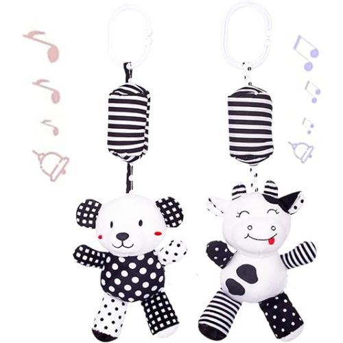 2Pcs Hanging Rattle Toys for Babies, Hanging Baby Toy, Car Seats Stroller Toys with Wind Chime for Newborn 0-36 Months, Clip Hanging Plush Squeeze Toys, Best Birthday Gift for Newborn