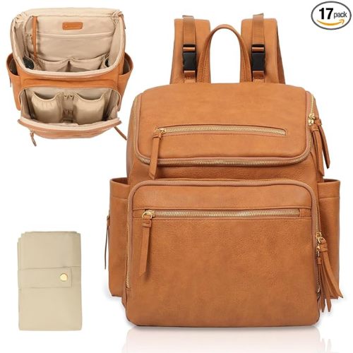 Omanmoli Diaper Bag Backpack Large Baby Diaper Bag Leather with 17 Diaper Bag Organizing Pouches,Changing Pad,Stroller Straps,4 Insulated Pockets,Honey