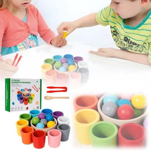 Early Education Wooden Montessori Color Sorting Cup for Matching and Concentration Training in Children Educational Toy for Indoor and Outdoor Play, 7.28×1.88×6.29 inch, Light blue
