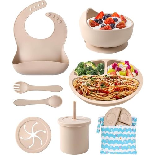 ECLIP Silicone Baby Feeding Set,10 Pcs Baby Led Weaning Supplies Baby Eating Essentials Set with Suction Bowl Divided Plate Adjustable Bib Soft Spoon Fork Cup with Lid Drinking Cup, Travel Bag (Beige)