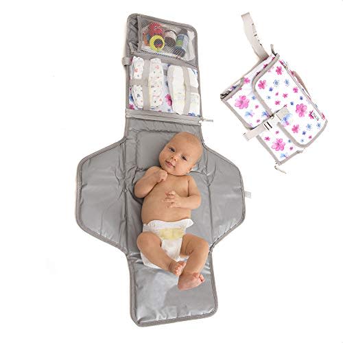 Baby Portable Changing Pad | Lightweight Travel Diaper Station Kit with Waterproof and Cushioned Pad | Foldable Pad with Pockets | Changing Organizer Bag for Toddlers Infants & Newborns | White