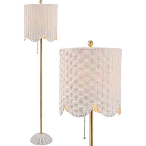 JONATHAN Y Joel Scalloped Rattan Floor Lamp 63.5", White/Brass Gold
