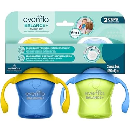 Evenflo Balance+ Trainer Cups for Baby, Blue and Green with Ergonomic Handles, 5oz, 2 Pack, Ultra Soft Spout, 6+ Months