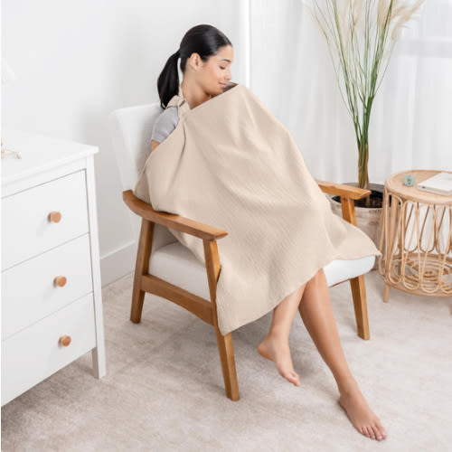 Comfy Cubs Muslin Nursing Cover - 100% Muslin Breastfeeding Cover for Moms - Soft & Breathable Baby Nursing Scarf with Adjustable Neck Strap - Portable, Lightweight & Privacy Coverage - Sand