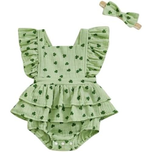 Aopwsrlyi My First St Patricks Day Baby Girl Outfit Newborn Ruffle Shamrock Romper Infant Spring Summer Bow Bodysuit