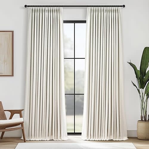 Natural 90 Inches Long Linen Curtains for Bedroom,Full Blackout Pinch Pleated Thermal Insulated Soundproof Curtains, Oatmeal Decorative Farmhouse Lined Drapes 2 Panels Set for Living Room Sliding Door