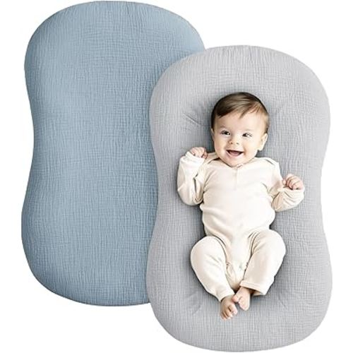 Konssy Muslin Baby Lounger Cover 2 Pack, 100% Cotton Newborn Lounger Cover, Soft and Breathable Lounger Cover for Boys Girls, Covers Only (Blue,Grey)