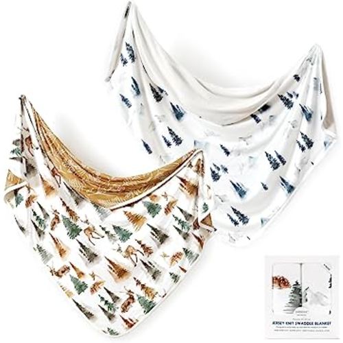 GRSSDER Baby Blankets Super Soft Stretchy Jersey Swaddle Blankets 2 Pack for Baby Boys, Double Layer Reversible Receiving Blankets 34 x 44, Extra Large for Swaddling, Deer & Forest