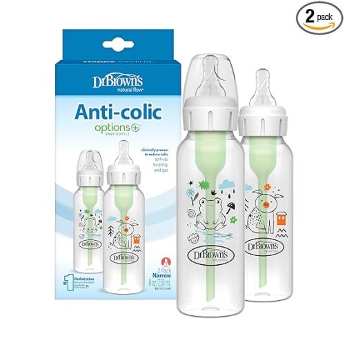 Dr. Brown's Natural Flow Anti-Colic Options+ Narrow Baby Bottle, Frog and Pig, 8 oz/250 mL, with Level 1 Slow Flow Nipple, BPA Free, 0m+, 2-Pack