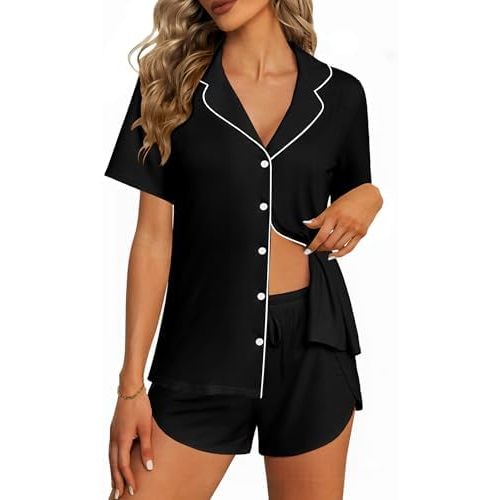 Ekouaer Pajamas for Women Set Button Up Sleepwear 2 Piece Pjs Lounge Set Short Sleeve Nightwear