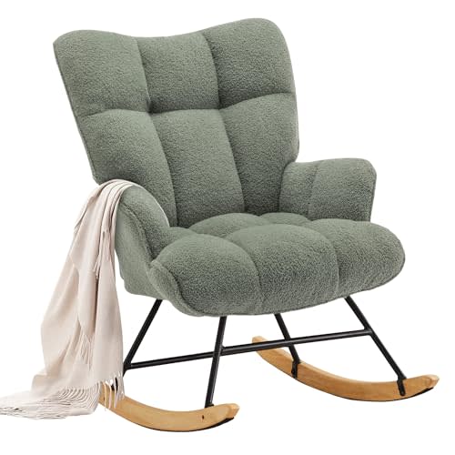 Rocking Chair Nursery Teddy Upholstered Glider Rocker Rocking Accent Chair Padded Seat with High Backrest Comfy Armchair Side Chair for Living Room Bedroom (Sagegreen Teddy)
