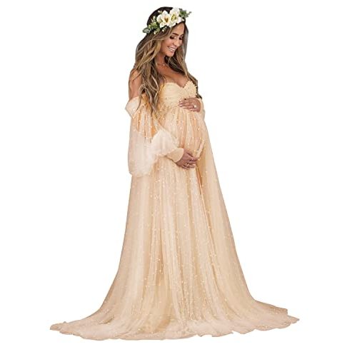 PRESEOSSA Pearl Tulle Maternity Dress for Photoshoot Long Puffy Sleeve Off Shoulder Babyshower Bridal Pregnancy Gowns