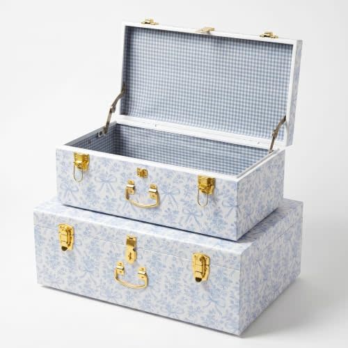 Rool Floral Decorative Storage Trunk Set of 2, Blue Metal Keepsake Trunks | Blue Trunks with Gingham Fabric Lining, Stackable for Baby’s Room, Baby Keepsake Storage, and Gifts