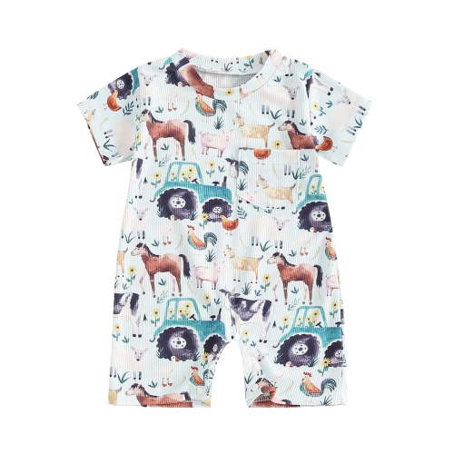 larppty Western Baby Girl Boy Clothes Short Sleeve Farm Animals Cow Print Romper Jumpsuit Summer Country One Piece Outfit（Blue， 6-12 Months）