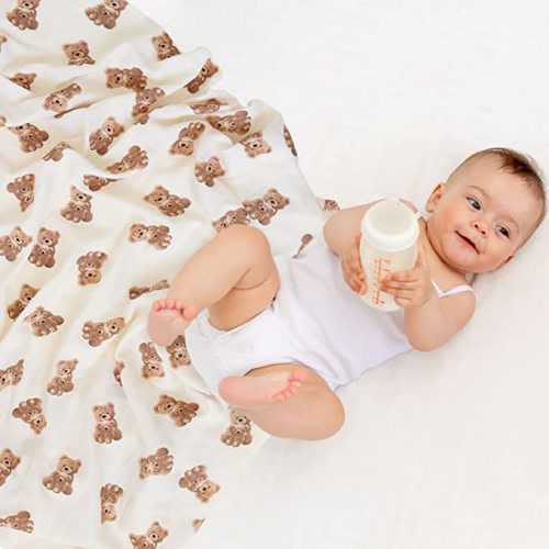 LifeTree Muslin Swaddle Blankets, Baby Swaddling Wrap Nursery Blanket Unisex, Soft 70% Viscose from Bamboo and 30% Cotton, Large 47 x 47 inches, Bear & Checkered Swaddle Blanket