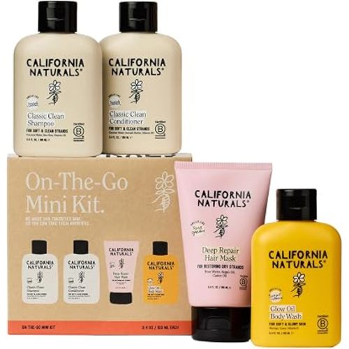 California Naturals On-The-Go Mini Travel Size Shampoo and Conditioner, Hair Mask & Travel Size Body Wash, For All Hair & Skin Types, 3.4 oz