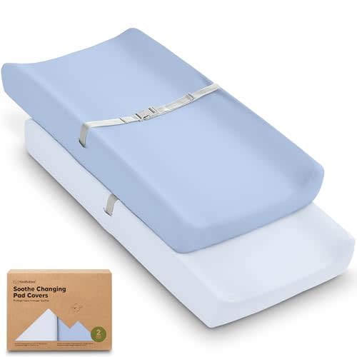 2-Pack Organic Changing Pad Covers for Girl, Boy, Neutral - 100% Cotton Changing Table Pad Cover, Soft Baby Nursery Diaper Changing Pad Sheets,Contour Changing Pads Liners,Change Pad Cover (Blue Flax)