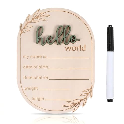 Baby Announcement Sign with Pen, Wooden Hello World Newborn Sign for Hospital, 3D Birth Announcement Board, Welcome Baby Name Signs for Nursery, Newborn Gift for Boy & Girl,Olive Branch