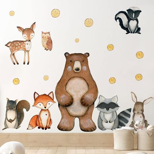 Cute Animals Wall Decals Peel and Stick, Vinyl Jungle Animal Wall Decal Stickers Watercolor Woodland Animals Bear Fox Owl Squirrel Wall Decor for Baby Toddlers Boys Bedroom Nursery