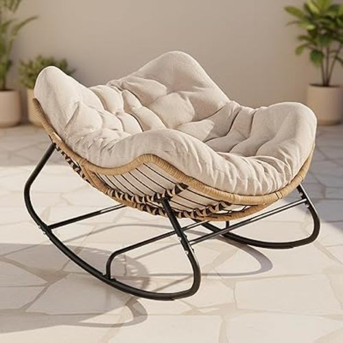 Oversized Papasan Rocking Chair Outdoor, Comfy Wicker Patio Papasan Egg Rocker with Thick Cushion for 450 lbs, Indoor Lounge Reading Chair for Living Room, Porch, Garden, Bedroom-Cream