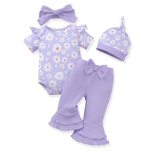 Renotemy Newborn Baby Girl Clothes Infant Romper Spring Summer Outfits Gifts Bell Bottoms Pant Sets for Girls Preemie-12Month