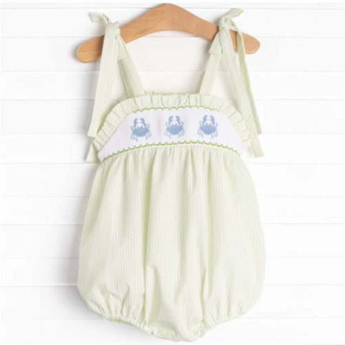 Seaside Shuffle Smocked Bubble, Green Seersucker – Stitchy Fish