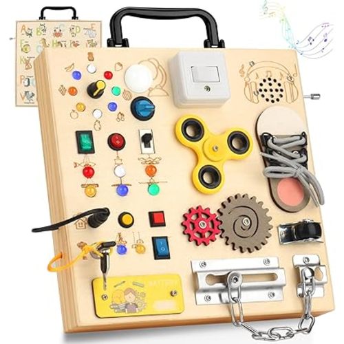 Wooden Busy Board with LED Light，Montessori Baby Learning Toys for Toddlers , Sensory Activity Board , Travel Educational Toy Boy & Girl Birthday Gift (Black Handle)