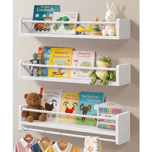 23 Inch Kids Bookshelves Set of 3, Natural Wooden Floating Shelves Wall Mount Storage Organizer Shelf with Towel Bar Hanging Bookshelf for Kid Room Bedroom Living Room Decor, White