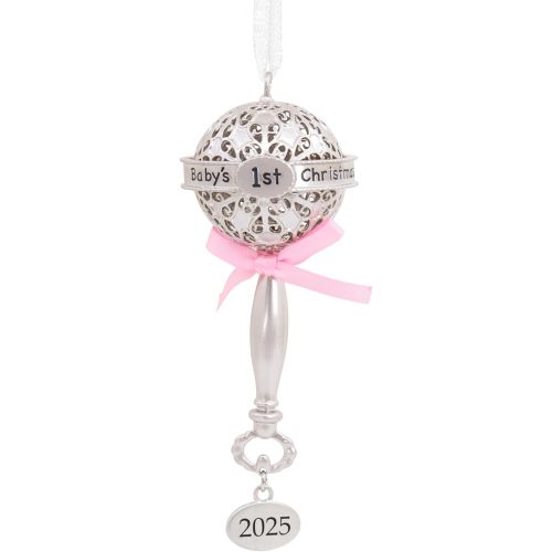 Hallmark Baby's First Christmas Silver Rattle with Pink Ribbon 2025 Christmas Ornament, Metal, New Baby Gifts